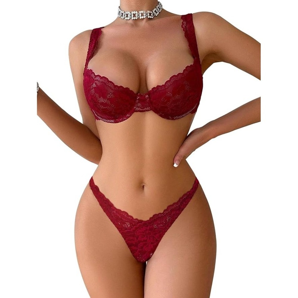 Lilosy Dark Red Lace Lingerie Set Bra and Thong 2974-16-XXXS New